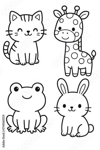 A collection of cute, cartoon animals: a cat, giraffe, frog, and rabbit. These friendly animals create a delightful and whimsical atmosphere.
