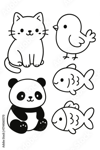 A cute black and white illustration of cat, bird, panda, and fish