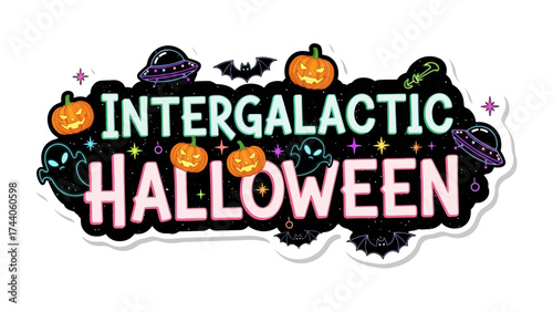 Intergalactic Halloween Celebration: A vibrant and festive design featuring Halloween elements combined with a space theme, perfect for a fun and spooky celebration.