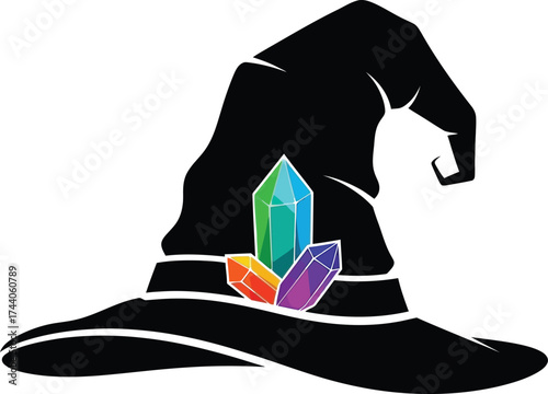Mystical black witch hat with colorful magic healing crystals and gemstones illustration, perfect for witchcraft, fantasy, and Halloween concepts.