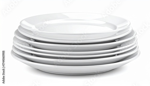 A realistic ceramic dinner plate set stacked neatly with smooth glaze finish isolated on white background
