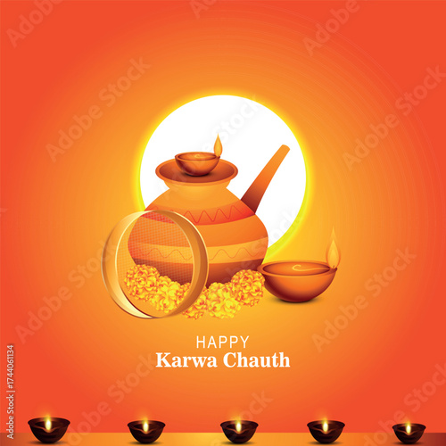 Happy Karwa Chauth greeting card featuring a traditional earthen pot (kalash), a decorative seive (chalni) with marigold flowers, and glowing diyas. 