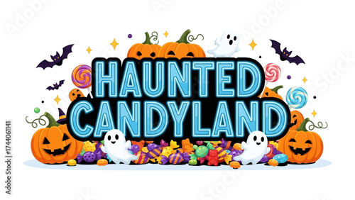 Haunted Candyland: A whimsical and spooky illustration that captures the essence of Halloween. Showcasing delightful elements such as spooky pumpkins, friendly ghosts, and an array of candies.
