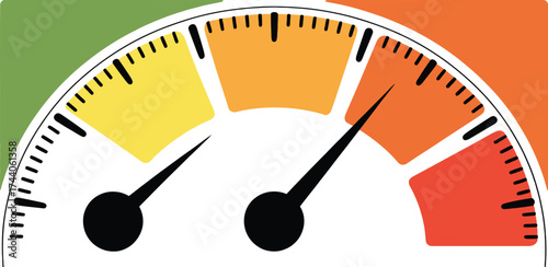 Illustration of a speedometer with two needles and color segments