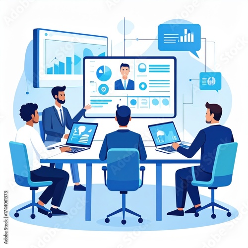 Business Team Meeting Presentation Blue Tones With Charts And Laptop Computers