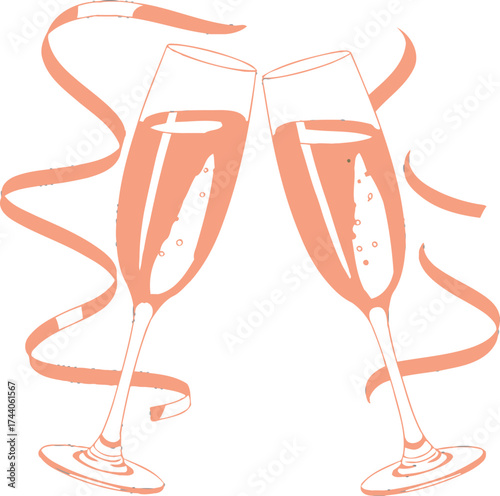 Illustration of two champagne glasses toasting with golden ribbons