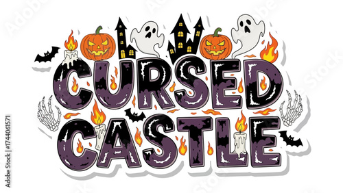 Spooky Cursed Castle Illustration: An eerie illustration features a haunted castle, adorned with pumpkins, ghosts, bats, and ominous candles, evoking a sense of Halloween mystery and fright.