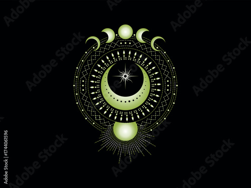Celestial crescent moon and sun mandala with lunar phases