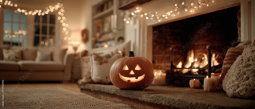 Obraz premium Cozy pumpkin nights: when fairy lights dance by the hearth. High resolution. A cheerful pumpkin illuminated by gentle fairy lights on a fireplace. Print ready. Clear focus.