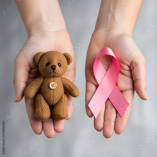 Childhood cancer awareness concept with pink ribbon and teddy bear symbolizing support, hope and care for children affected by illness, pediatric oncology solidarity background