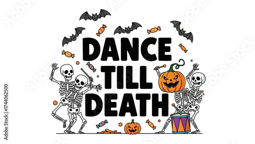 Spooky Dance: A vibrant illustration for Halloween, featuring dancing skeletons and festive elements, captures the spirit of the holiday.