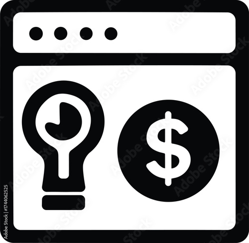 Black and white icon of a lightbulb and dollar coin within a browser window