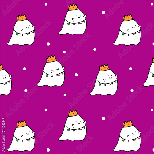 Happy halloween seamless pattern.Playful monster repeat pattern isolated on purple background.Cute funny little ghost vector wallpaper.Adorable fluffy boo spooky flying ghost sheet.