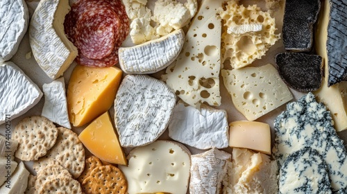 Variety of artisanal cheeses in different textures and colors- creating a rich- gourmet food background for culinary and dairy product themes.
