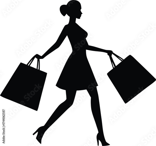Woman Black Friday Shopping with Bags Silhouette Vector