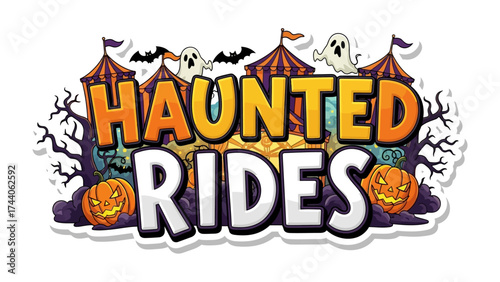 Haunted Rides: Spooky graphic representing Halloween carnival with scary pumpkins, ghosts, and bat in purple night background.