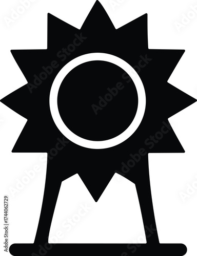 Black silhouette of a starburst award medal with a circular center and two legs