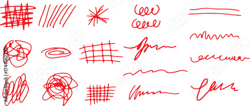 A grunge set of squiggles and scribbles. Painted with a red brush. Grunge style vector shapes, hand drawn with scribbles, rough brush strokes, and sketchy designs. Vector illustration
