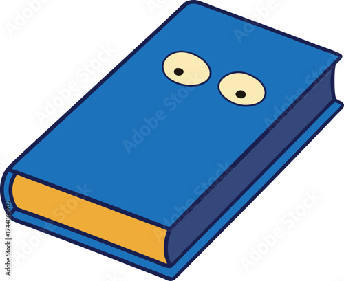Vector illustration of a closed blue hardcover book with cute cartoon eyes transparent background
