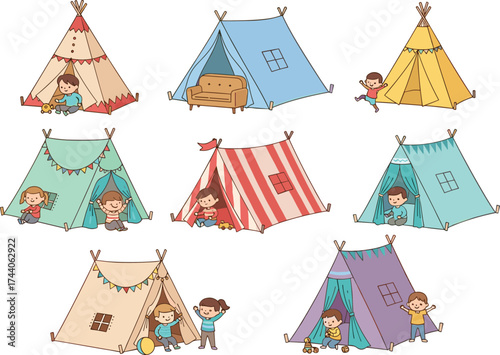 Cartoon tents with children, camping fun, outdoor play, colorful illustration, kids activity, playful scene, teepee and circus tents, child adventure, happy campers
