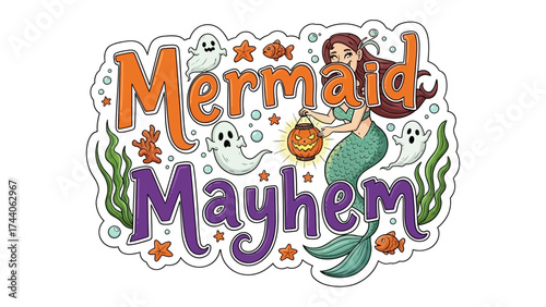 Mermaid Mayhem: A vibrant illustration featuring a mermaid surrounded by Halloween-themed elements.