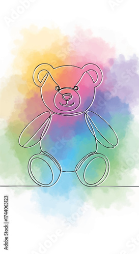 teddy bear sitting drawn with one line, colored background