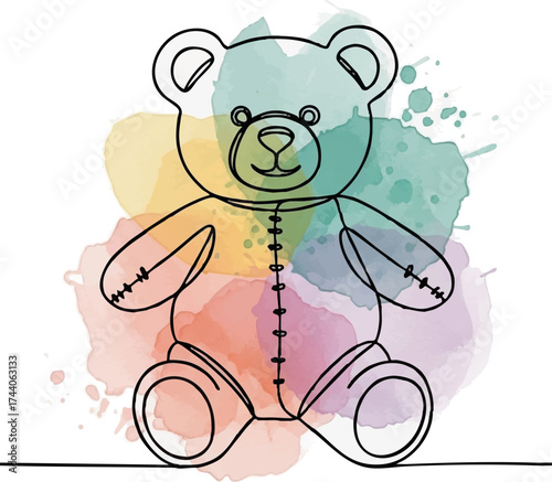 teddy bear sitting drawn with one line, colored background