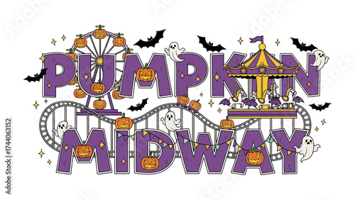 Pumpkin Midway Illustration: Festive illustration of a lively pumpkin midway filled with Halloween-themed decorations, embodying a cheerful and festive ambiance for all ages.