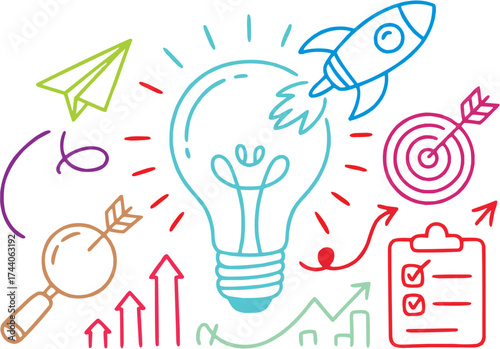 Startup Idea and Innovation Line Icons Set. Creative concept with rocket, light bulb, and strategy symbols in modern thin line style for business and technology design. Vector illustration.