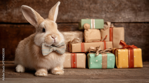 An adorable bunny wearing a festive bow tie, sitting next to a pile of wrapped gifts. The bunny's inquisitive expression adds a charming touch to this holiday scene.  © Aimages