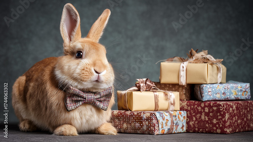 An adorable bunny wearing a festive bow tie, sitting next to a pile of wrapped gifts. The bunny's inquisitive expression adds a charming touch to this holiday scene.  © Aimages