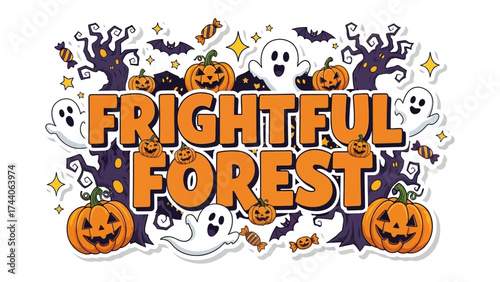 Frightful Forest: Spooky Halloween illustration with pumpkins, ghosts, and bats. Conjuring the playful spookiness of the season.