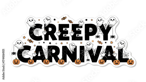 Creepy Carnival Festive: A festive Halloween design, featuring spooky ghosts, spooky spiders and grinning pumpkins, invites everyone to experience the creepy carnival!