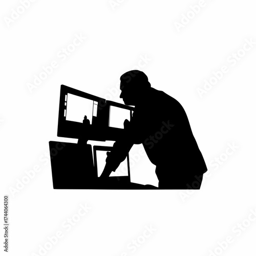 Video editor silhouette reviewing clips on dual monitors isolated on white background