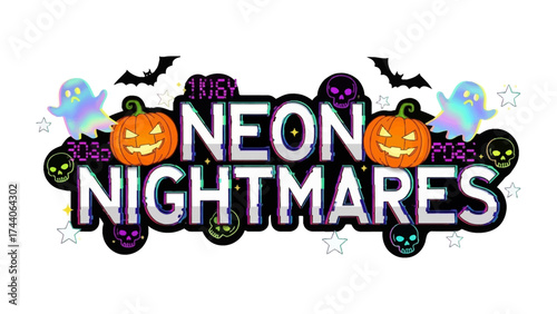 Neon Nightmares: Halloween-themed design with neon glow and whimsical design elements. The image features neon typography and classic Halloween icons such as pumpkins, ghosts, and bats.