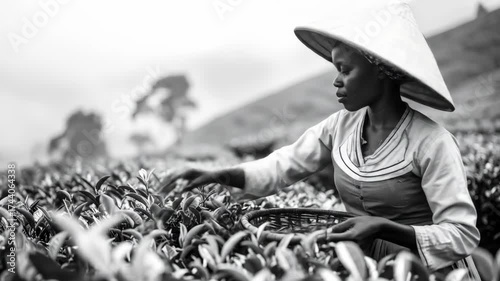 Black woman picking tea leaves in black and white, concept of tea harvesting. Retro style footage