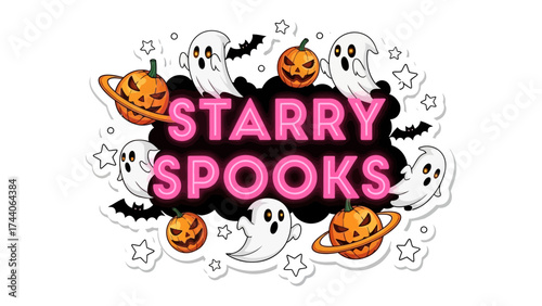 Starry Spooks: A festive and spooky composition, featuring a cosmic Halloween theme, with playful ghosts and carved pumpkins swirling amidst the stars and bats.