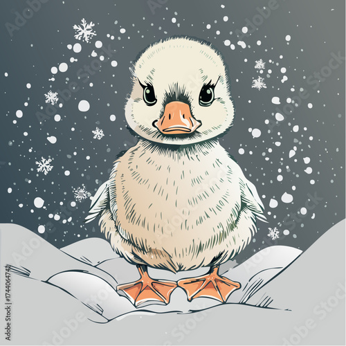 Ein kleines Entenküken sitzt oder watschelt im Schnee