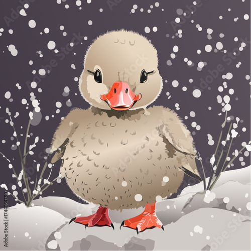 Ein kleines Entenküken sitzt oder watschelt im Schnee