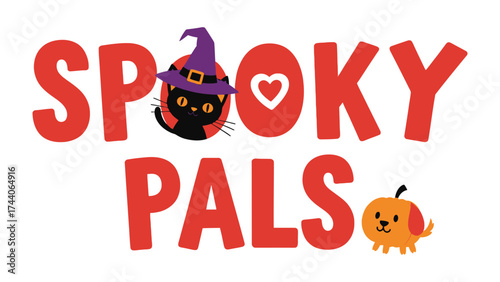 Spooky Pals: Playful Halloween graphic featuring a witch hat, a black cat, a heart and a pumpkin-dog.