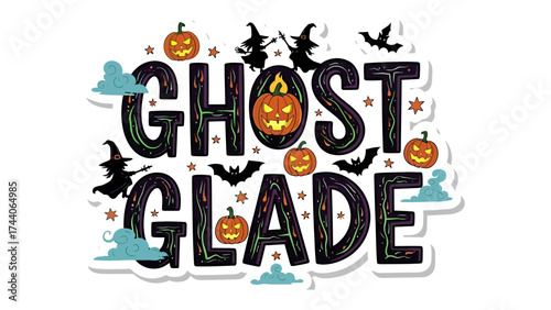 Ghost Glade Halloween Design: A spooky and captivating illustration for Halloween, designed with the words Ghost Glade in a creative font, complemented by elements like witch silhouettes.