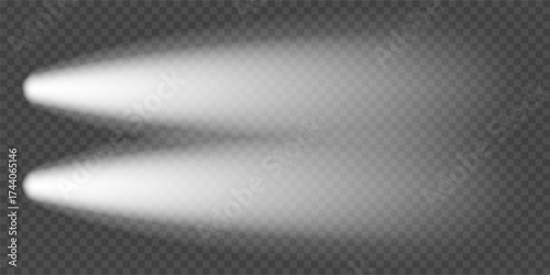 Car night lighting effect, top view. Front headlight flare. Led beam isolated on dark bg. Spotlight lamps illuminate black road. White flash glow on train head. Bright race vehicle, truck spots glare