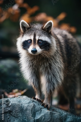 Photorealistic Raccoon Standing on Rock with Intense Gaze in Natural Setting