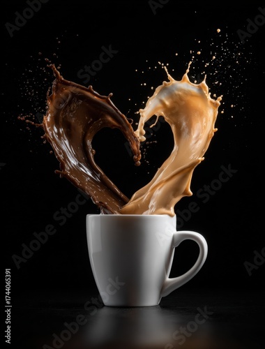Dynamic Capture of Milk and Coffee Splashes Forming Heart Shape in a White Cup Against Black Background