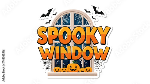 Spooky Window: Spooky atmosphere with bats and pumpkin with window on a Halloween season. This image creates the mystery and joy of halloween season.