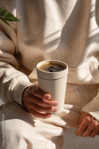 Stylish Minimalist Coffee Tumbler in Model's Hand During Photoshoot in Natural Light