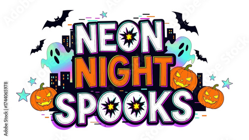 Neon Night Spooks: A vibrant design with a festive blend of neon hues and spooky Halloween elements, perfectly captures the essence of a ghostly night. 