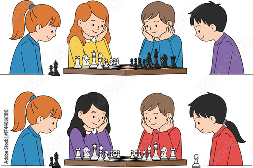 Children playing chess, kids strategy game, group activity, indoor learning, teamwork, brain development, diverse children, educational fun, chessboard, thinking skills, youth competition