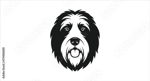 Black and white illustration of a shaggy dog's face