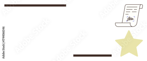 Signed paper with bold lines and a yellow star symbolizing accomplishment. Ideal for certification, contract approval, recognition, achievements, awards, success, validation. Simple flat metaphor